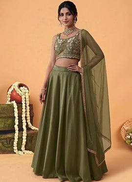 Green Silk Beads Embroidered Sequins Cutdana Hand Embroidery Lehenga