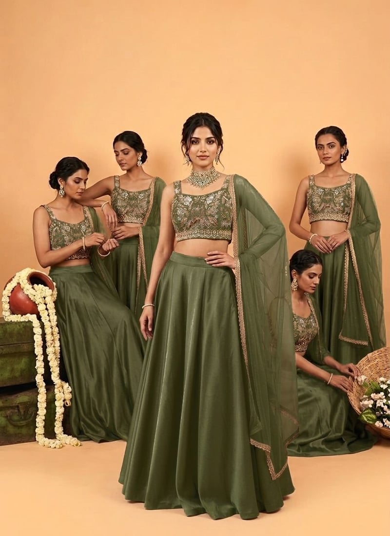 Green Silk Beads Embroidered Sequins Cutdana Hand Embroidery Lehenga Wedding Wear