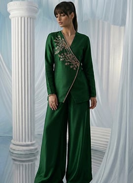 Green Silk Beads Hand Embroidered Indowestern Angrakha Palazzo Set