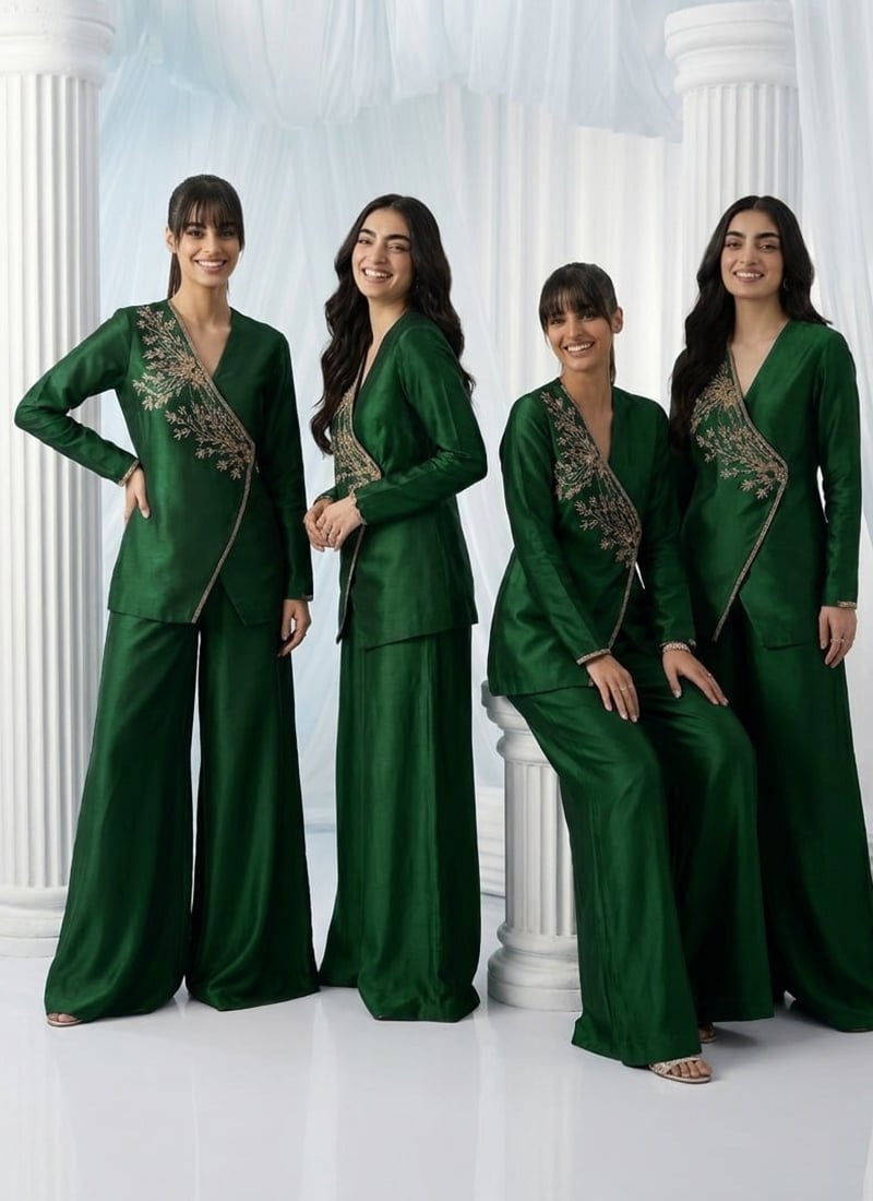 Green Silk Beads Hand Embroidered Indowestern Angrakha Palazzo Set Wedding Wear