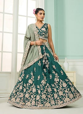 Green Silk Beads Stones Embroidered Sequins Cut Work Umbrella Lehenga Wedding Wear