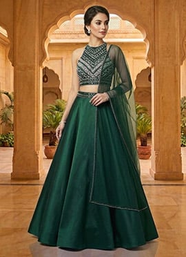 Green Silk Beads Stones Hand Embroidered Lehenga