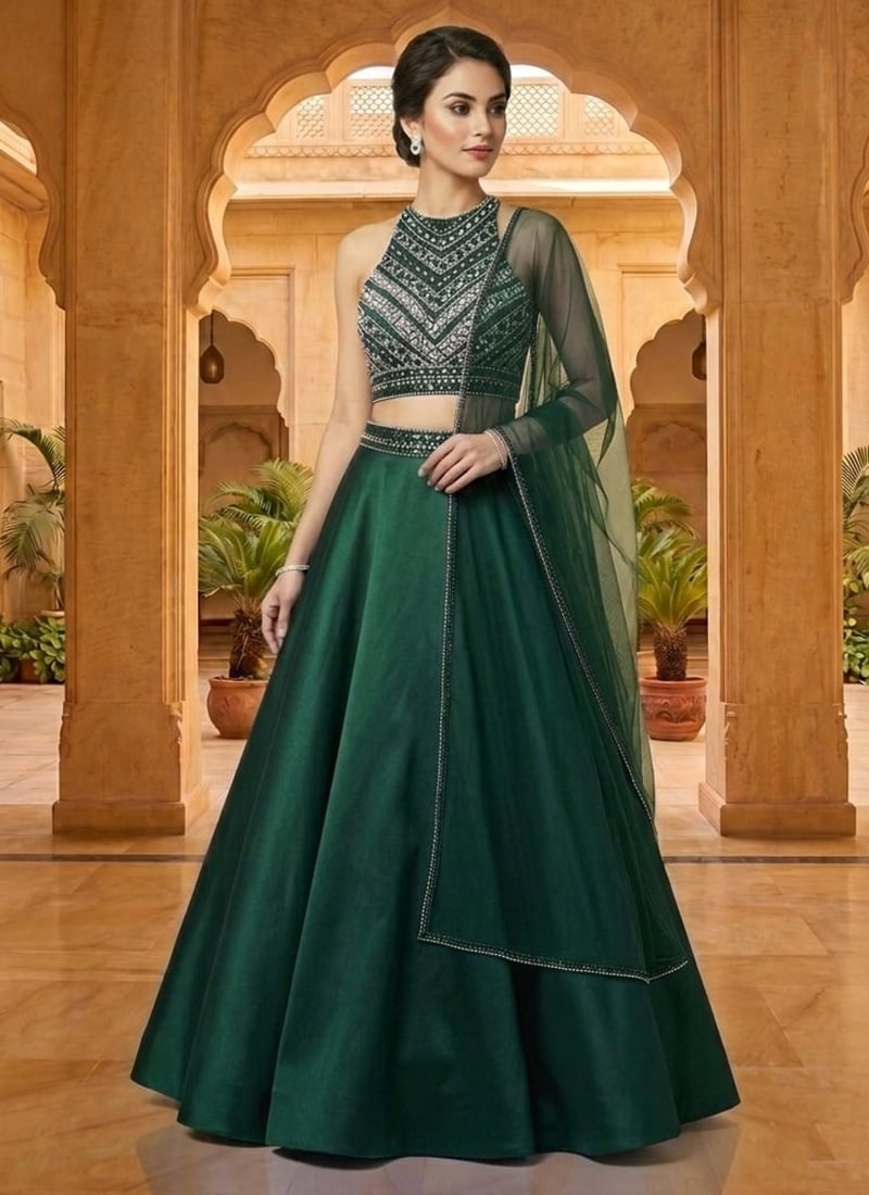 Green Silk Beads Stones Hand Embroidered Lehenga Wedding Wear
