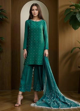 Green Silk Mirror Hand Embroidered With Stone Palazzo Suit