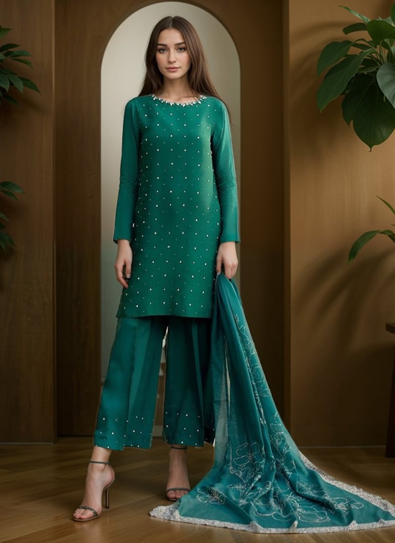 Green Silk Mirror Hand Embroidered With Stone Palazzo Suit