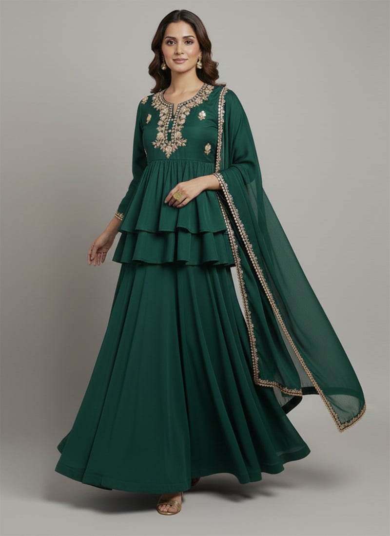 Green Silk Beads Zari Hand Embroidered Stones A Line Lehenga Festive Wear