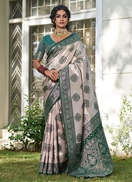 Green Silk Blend Saree With Elegant Jacquard Woven Patterns