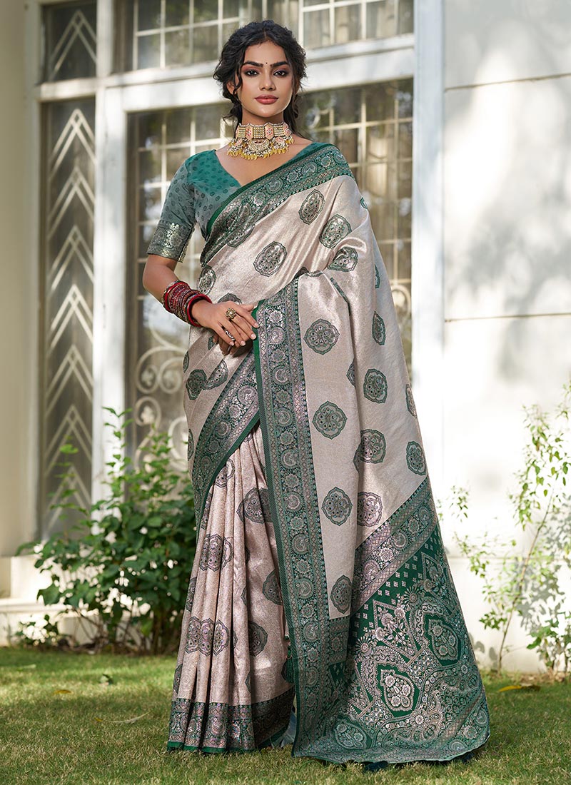 Green Silk Blend Saree With Elegant Jacquard Woven Patterns Festive Wear