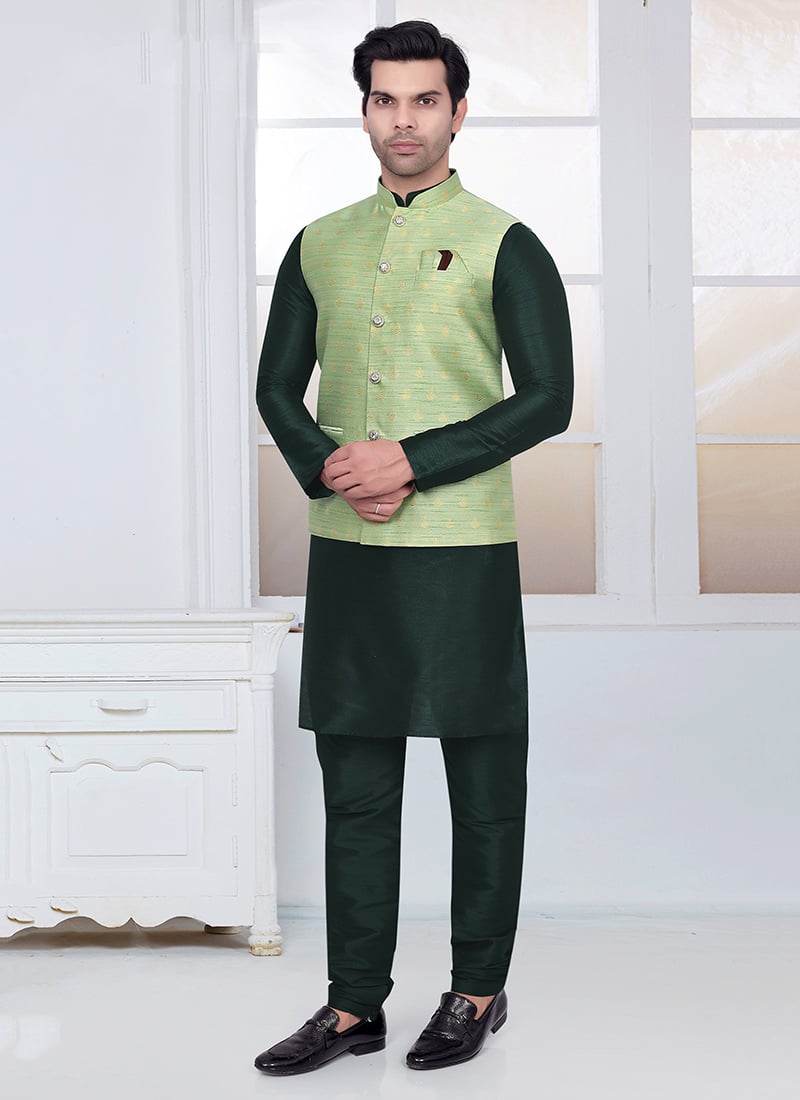 Green Silk Brocade Bandhgala Jacket
