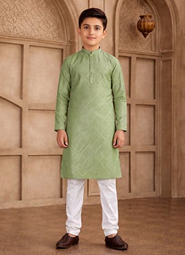 Green Silk Brocade Kids Boys Kurta Pyjama