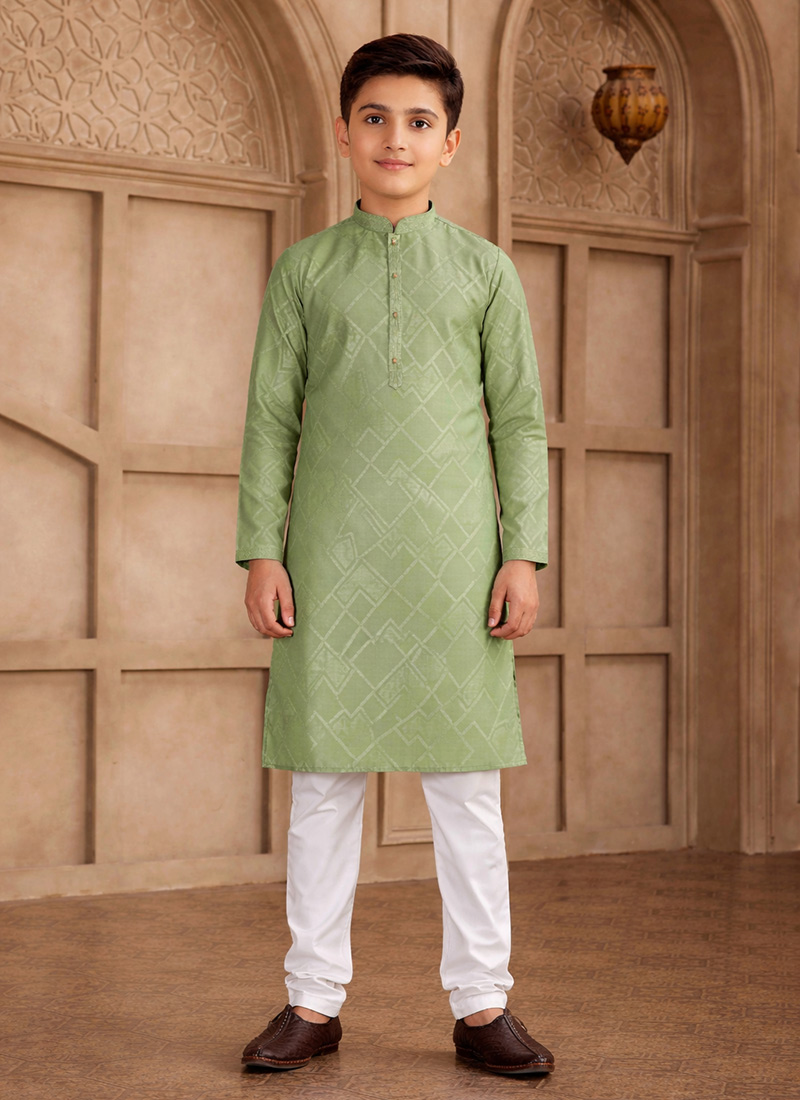 Green Silk Brocade Kids Boys Kurta Pyjama Festive Wear