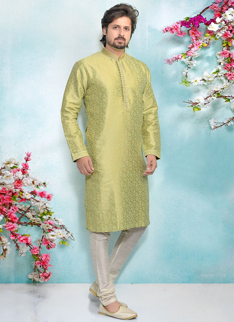 Pista Green Silk Brocade Kurta Pyjama Party Wear