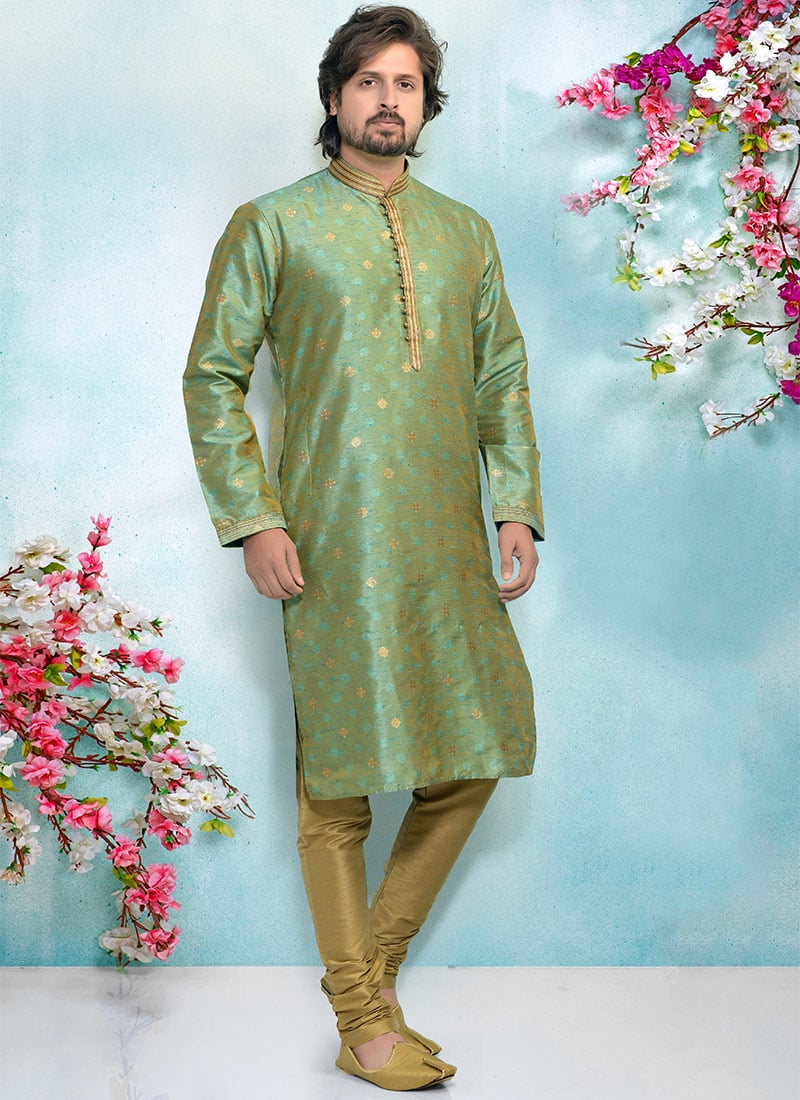 Green Silk Brocade Kurta Pyjama Party Wear