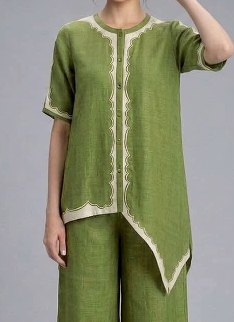 Green Silk Cotton Embroidered Fabric