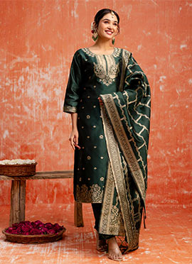 Green Silk Cotton Jacquard Straight Pant Suit