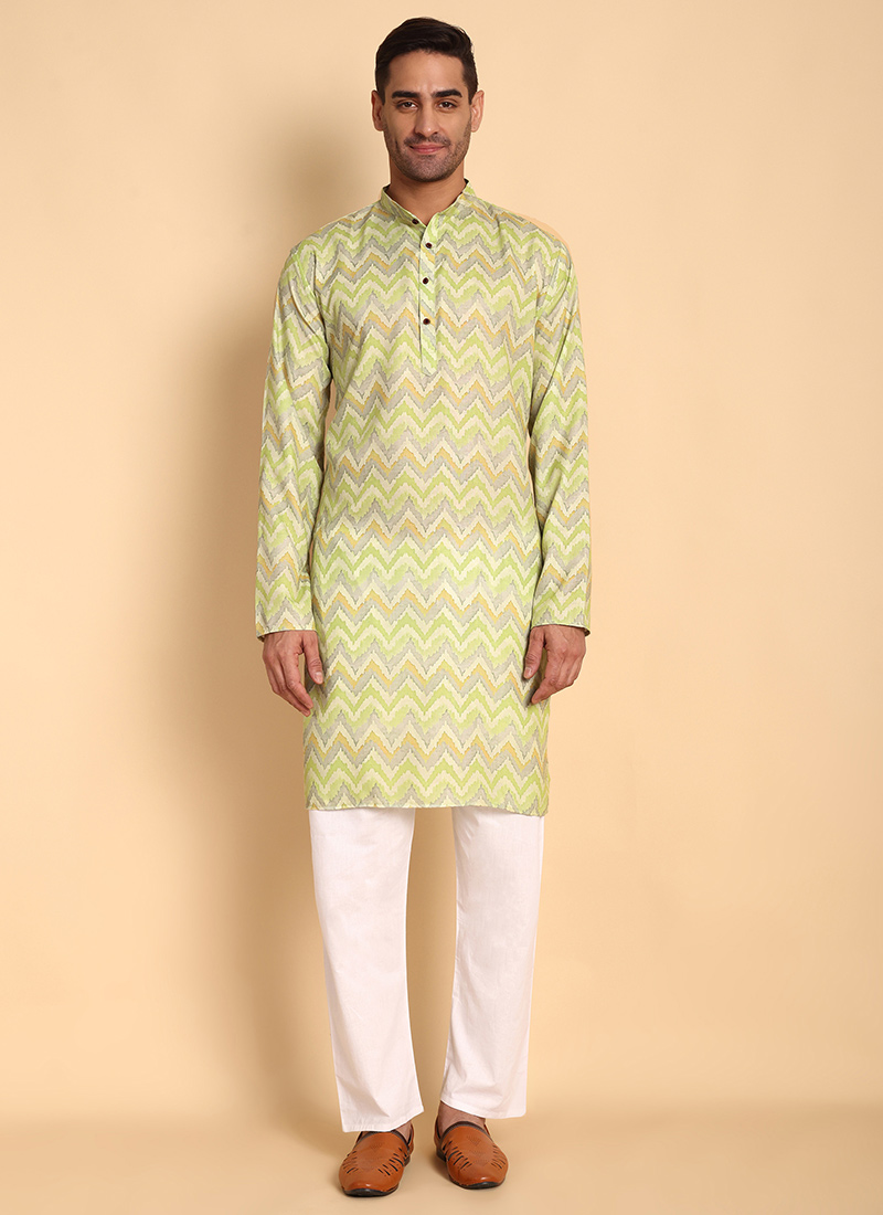 Green Silk Cotton Printed Kurta Pyjama Festive Wear