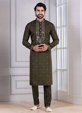 Green Silk Cotton Sequins Kurta Pyjama