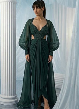 Green Silk Cut Dana Zarkan Hand Embroidered Indowestern Skirt Jacket Set