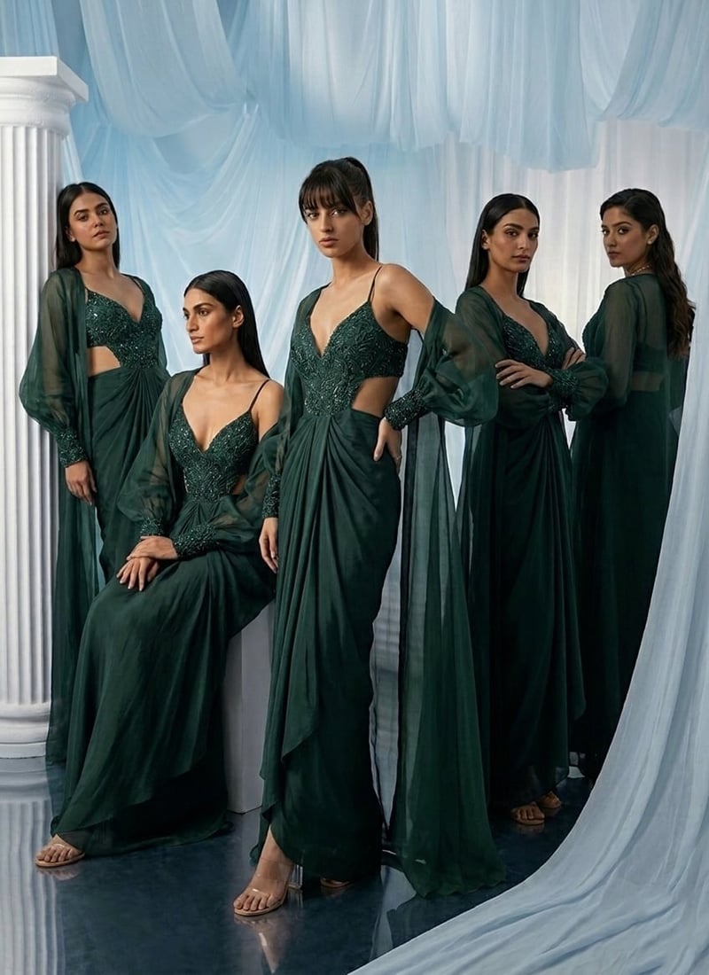 Green Silk Cut Dana Zarkan Hand Embroidered Indowestern Skirt Jacket Set Wedding Wear