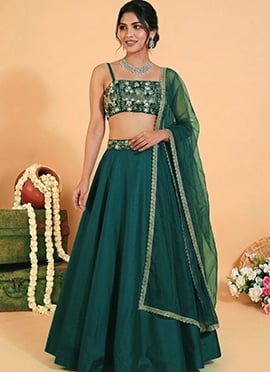 Green Silk Cutdana Beads Sequins Hand Embroidered Lehenga