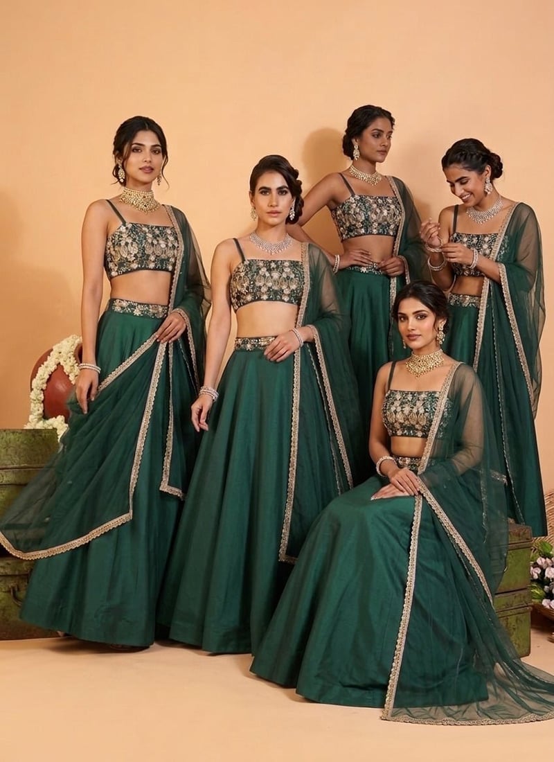 Green Silk Cutdana Beads Sequins Hand Embroidered Lehenga Wedding Wear