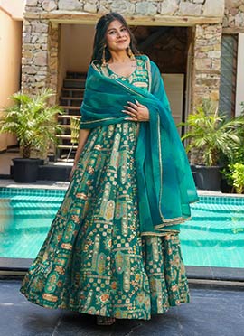 Green Silk Digital Print Anarkali Suit