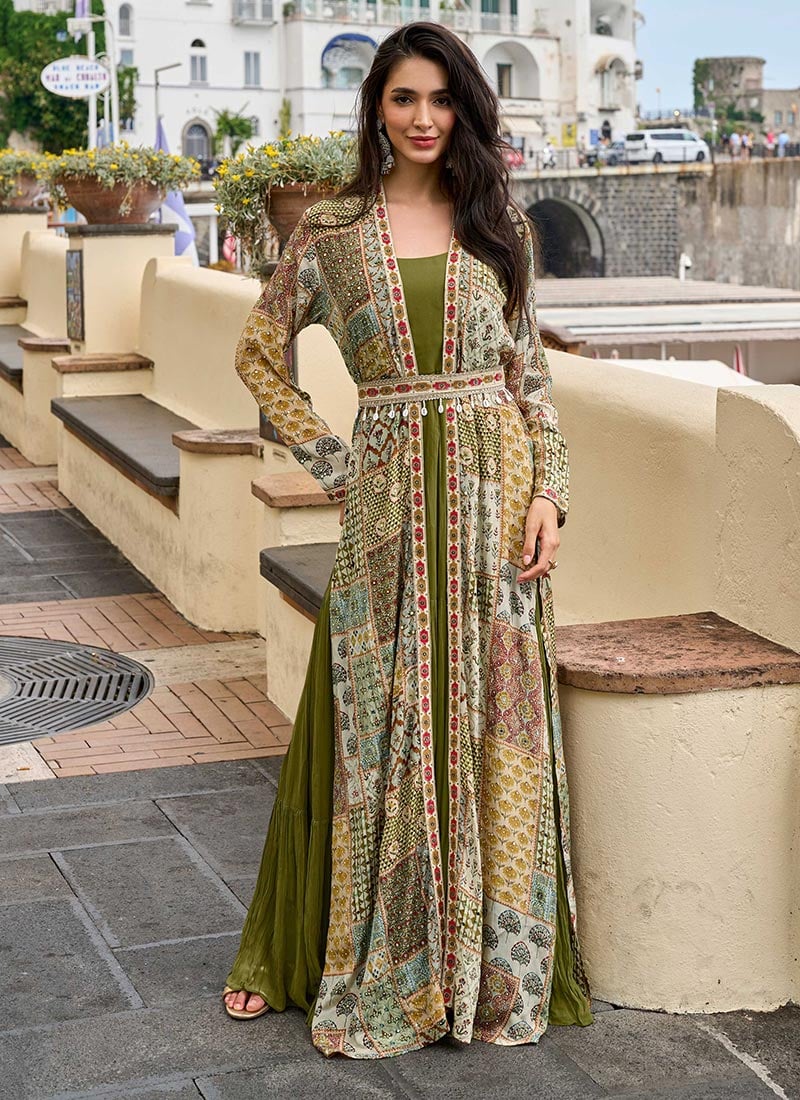 Green Silk Digital Print Embroidered Jacket Gown After Six Wear