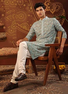 Green Silk Digital Print Embroidered Sequins Kurta Pyjama