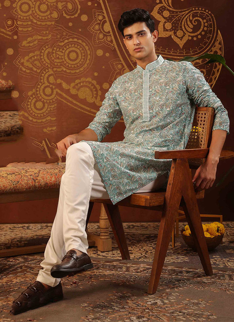 Green Silk Digital Print Embroidered Sequins Kurta Pyjama Festive Wear