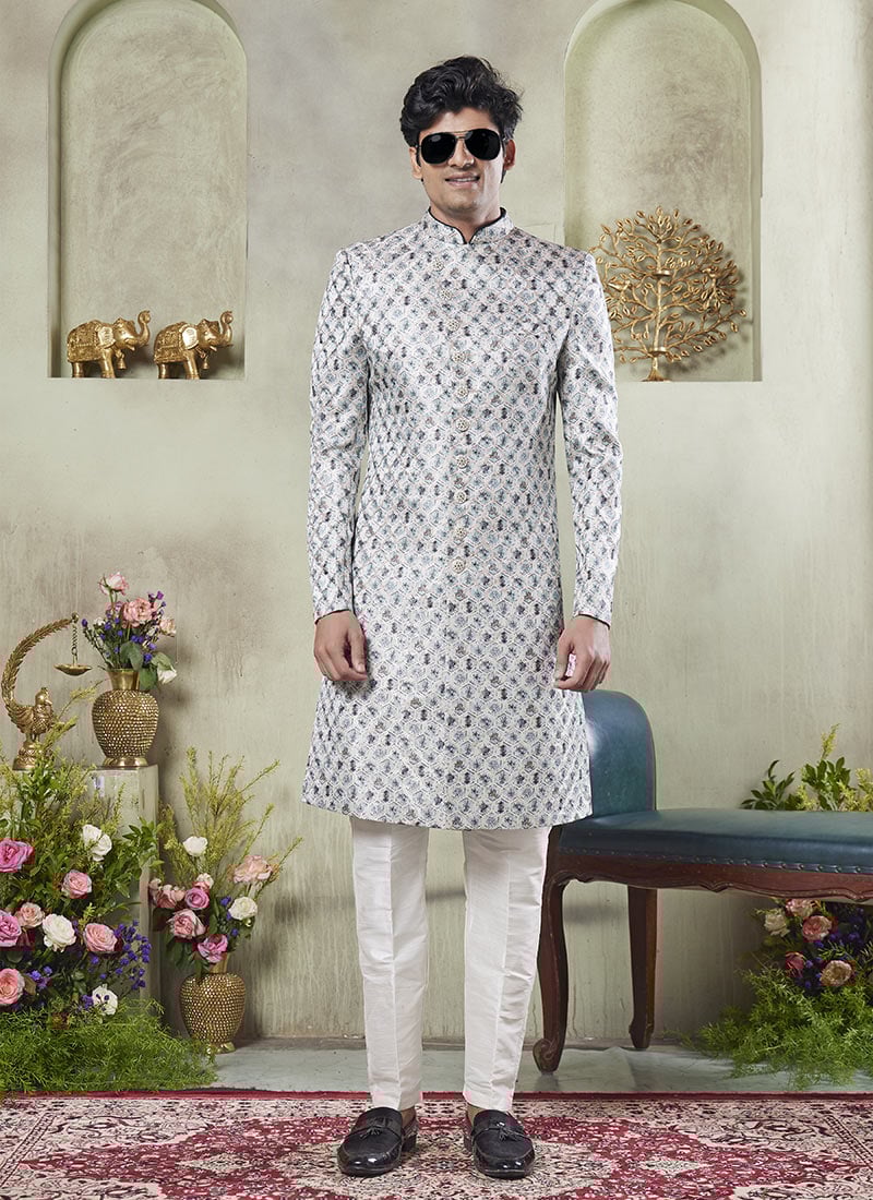 Green Silk Digital Print Indowestern Sherwani Festive Wear