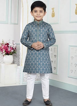 Green Silk Digital Print Kids Boys Kurta Pyjama