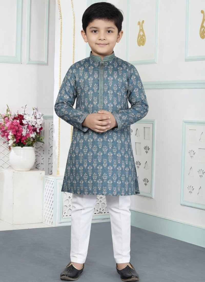 Green Silk Digital Print Kids Boys Kurta Pyjama Festive Wear