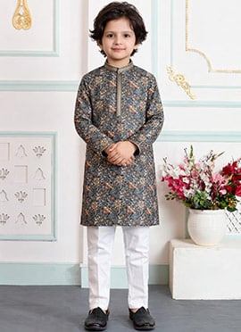 Green Silk Digital Print Kids Boys Kurta Pyjama