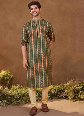 Green Silk Digital Print Kurta Pyjama For Men