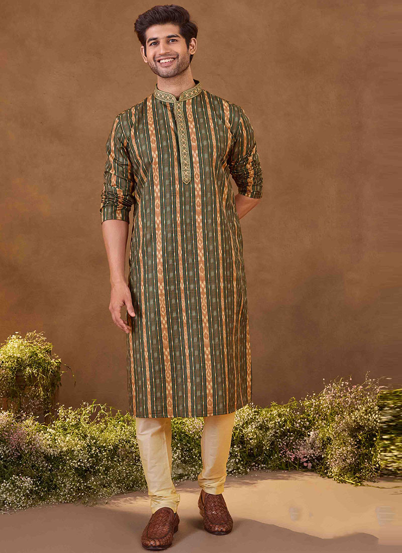 Green Silk Digital Print Kurta Pyjama For Men Festive Wear