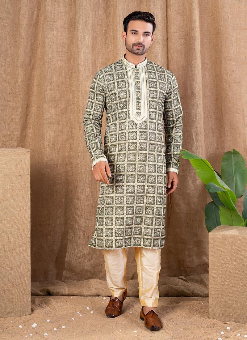 Green Silk Digital Print Kurta Pyjama