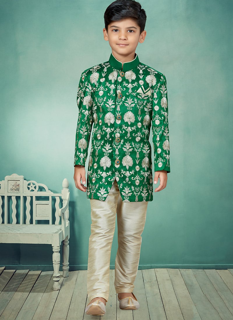 Green Silk Dupion Machine Embroidered Indowestern Sherwani