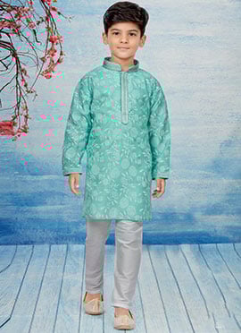 Green Silk Dupion Printed Kids Kurta Pyjama
