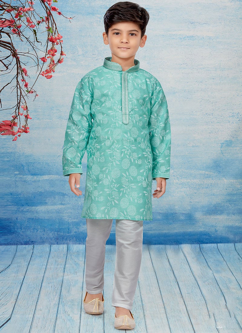 Green Silk Dupion Printed Kids Kurta Pyjama Party Wear