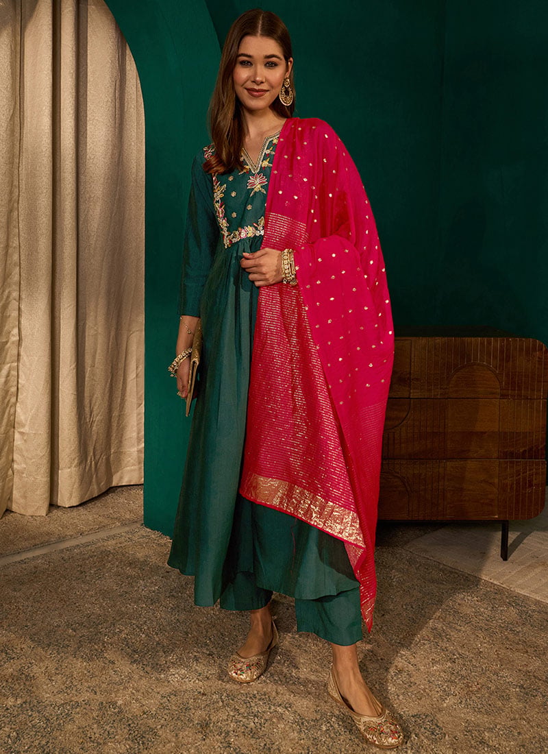 Green Silk Embroidered Anarkali Suit Festive Wear