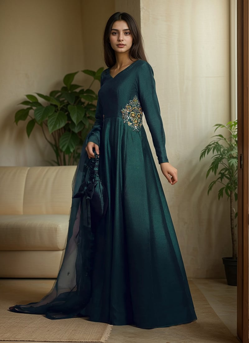 Green Silk Hand Embroidered Patch Work Anarkali Suit