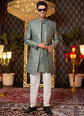 Green Silk Embroidered And Sequins Thread Indowestern Sherwani