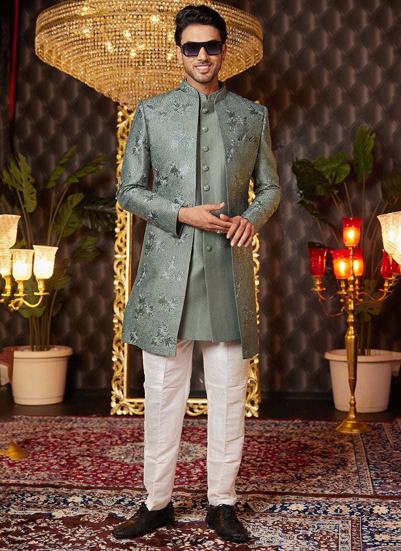 Green Silk Embroidered And Sequins Thread Indowestern Sherwani Wedding Wear
