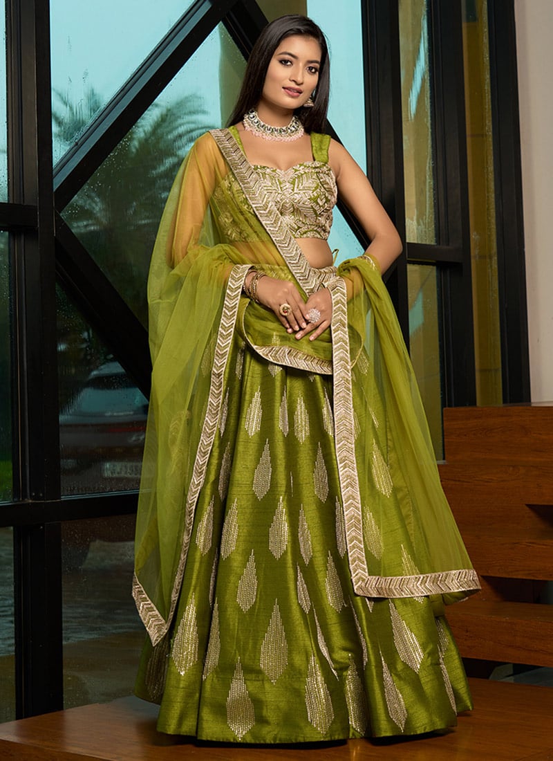 Green Silk Embroidered And Sequins Umbrella Lehenga Festive Wear