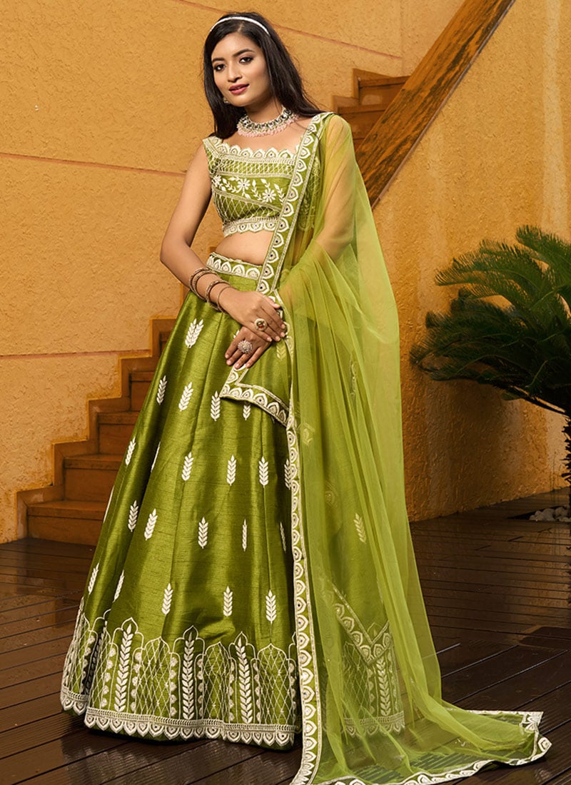 Green Silk Embroidered And Sequins Umbrella Lehenga Festive Wear