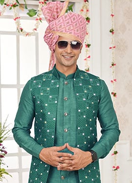 Green Silk Embroidered Bandhgala jacket For Men