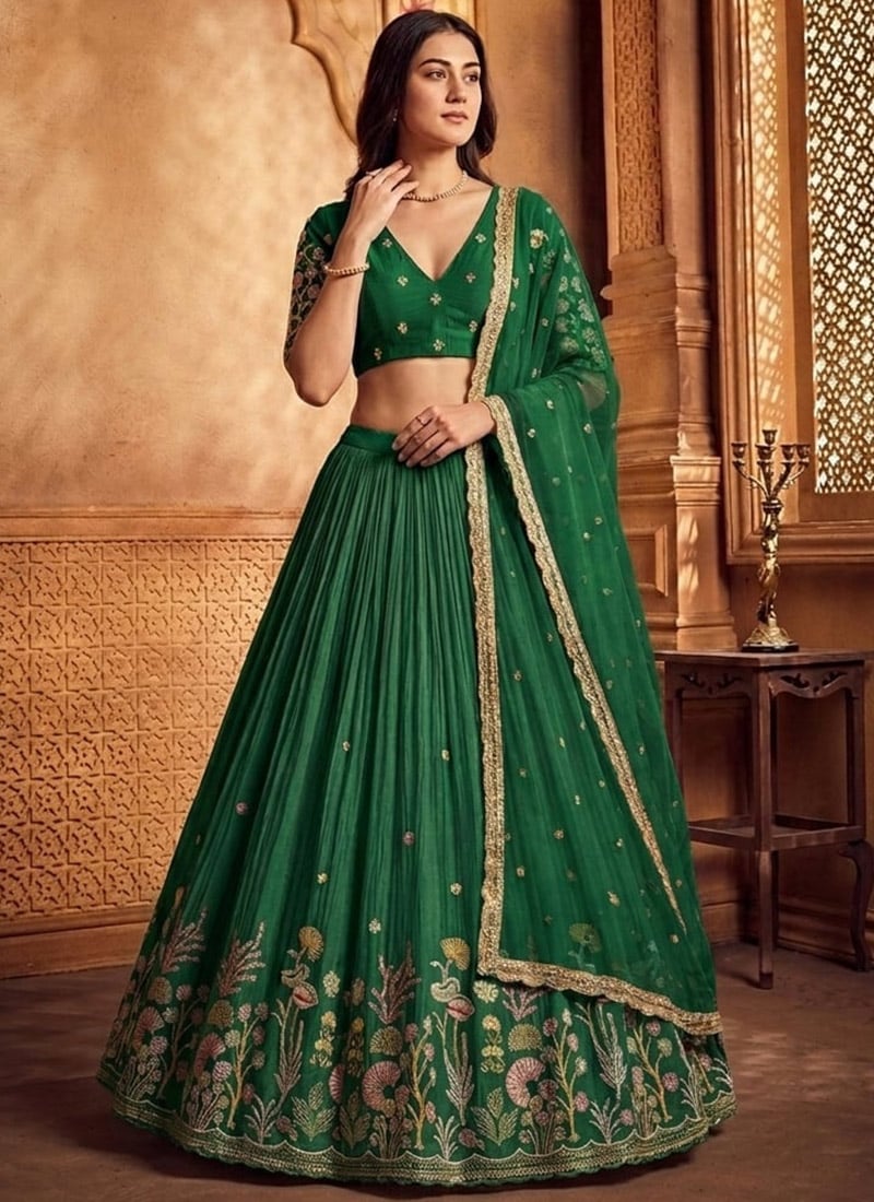 Green Silk Embroidered Classy Lehenga Wedding Wear