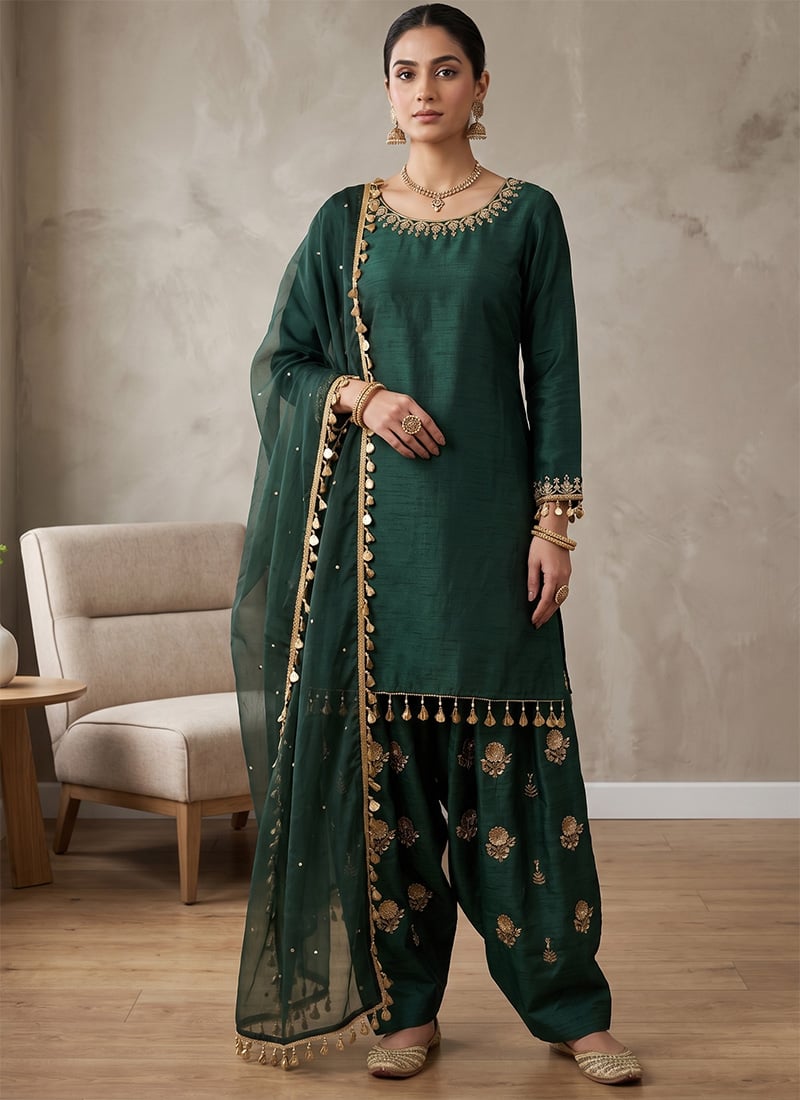 Green Silk Embroidered Farshi Salwar Suit Festive Wear