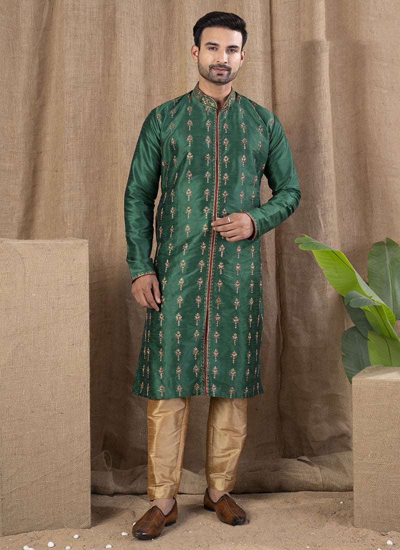 Green Silk Embroidered Indowestern Sherwani