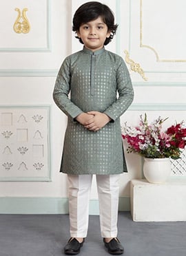 Green Silk Embroidered Kurta Pyjama For Boys
